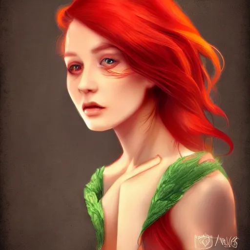 Image similar to a beautiful stunning fantasy whimsical matte digital portrait illustration of a pretty womam with bright green eyes and fiery red hair with a green bird on her shoulder, in the style of Ross Tran, trending on artstation, contest winner