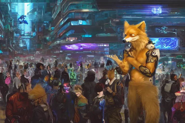 Image similar to high - resolution photograph from a cyberpunk era furry fandom convention ( midwest furfest 2 0 4 7 ), taking place after the genetic revolution and quantum singularity. photorealistic.