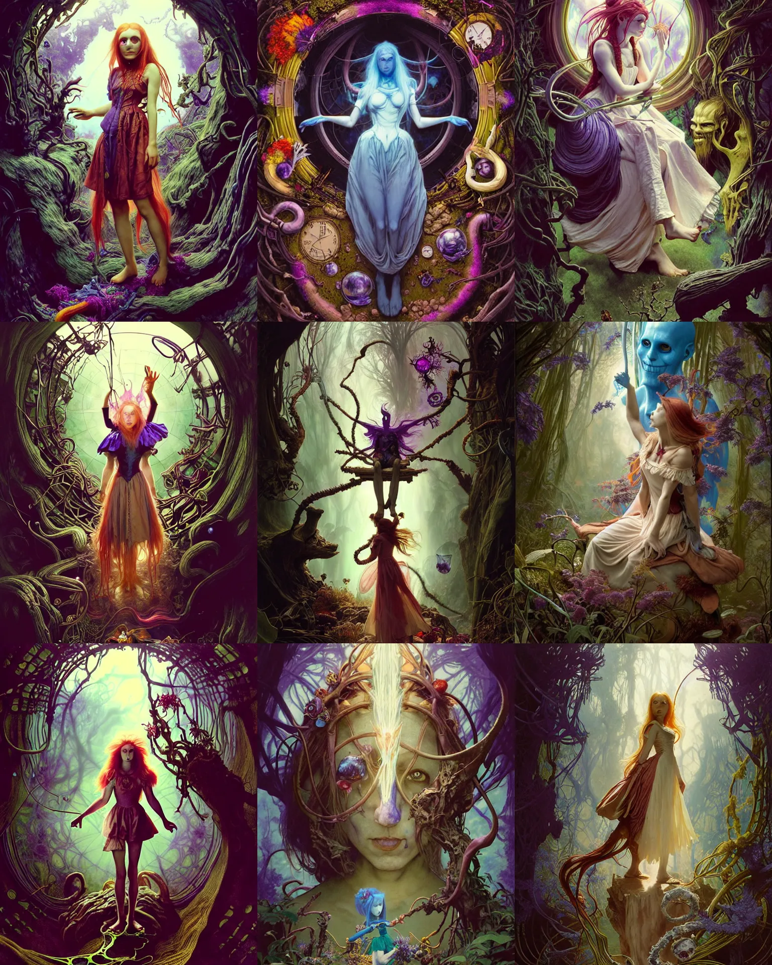 Prompt: the platonic ideal of alice in wonderland and ayahuasca cletus kasady ultimate carnage thanos dementor wild hunt doctor manhattan chtulu nazgul mandelbulb davinci, d & d, fantasy, ego death, detailed, intricate, hyperrealism, intense, scary, decay, art by artgerm and greg rutkowski and alphonse mucha