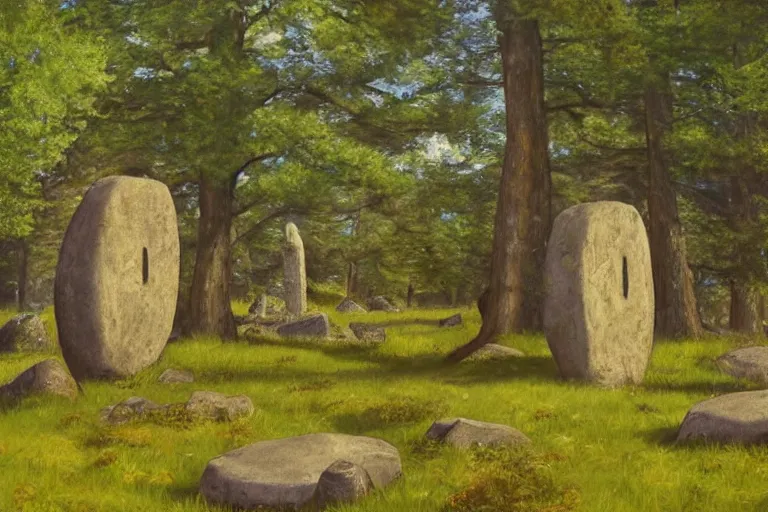 Image similar to runestone, megalithic, monument, nature, trees, focused, centered, very detailed, norse, histor, oil painting