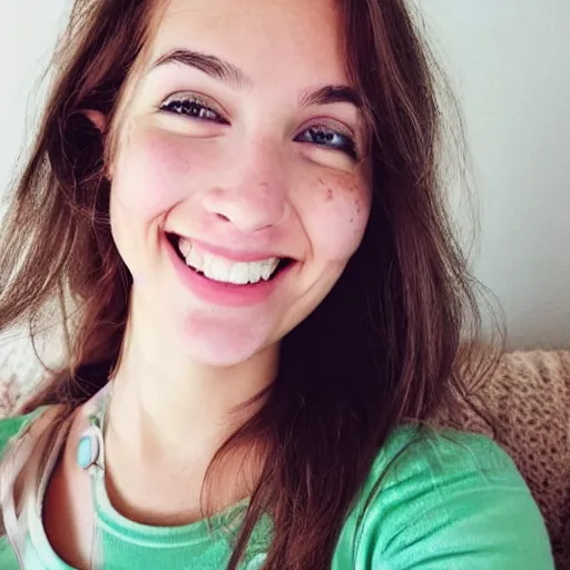 Image similar to Selfie photograph of a cute young woman smiling, long shiny bronze brown hair, full round face, emerald green eyes, medium skin tone, light cute freckles, smiling softly, wearing casual clothing, relaxing on a modern couch, interior lighting, cozy living room background, close-up shot, trending on instagram