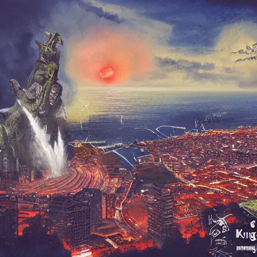 Prompt: king kong destroying funchal's city bay near the streets, trampled, by caio fantinim, trending on artstation, award winning