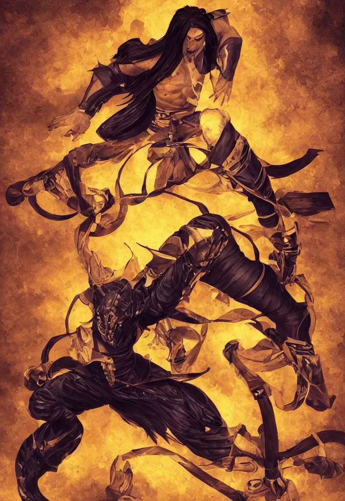 Image similar to full body, full figure portrait of hanzo hasashi scorpion from mortal kombat in the sky, full body shot, camera pulled back far, highly detailed dramatic lighting, artstation, atmospheric perspective, artgerm, mk ninja, epic yellow tight ninja suit, intense contrast, 3 light sources, by lee bermejo, alphonse mucha and greg rutkowski