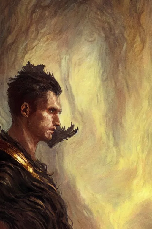 Prompt: a masculine elegant man from sideview and wearing golden laurel wreath, ethereal horror fantasy art by greg rutkowski and magali villanueve and monet con