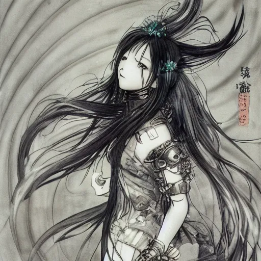 Image similar to Yoshitaka Amano blurred and dreamy illustration of an anime girl with black eyes, wavy white hair fluttering in the wind wearing Elden ring armour with cloack with folds, abstract black and white patterns on the background, reflection in a broken mirror, noisy film grain effect, highly detailed, Renaissance oil painting, weird portrait angle, blurred lost edges, three quarter view