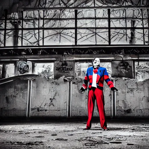 Prompt: abandoned circus, there is one clown in the middle of the stage, photograph, 50mm