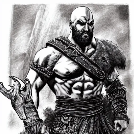 Image similar to god of war, kratos, fight scene still, manga, detailed drawing, featured on pixiv, gothic art, official art, by kentaro miura