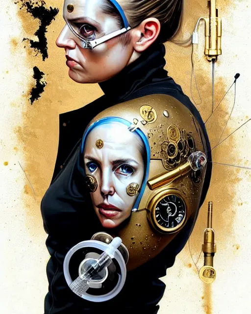 Prompt: portrait of a spy wearing oxygen mask, has gold, silver, starry, rose, a pistol and a syringe needle with sea background intricate details with horror side profile by Sandra Chevrier and bastien lecouffe deharme, intuitive