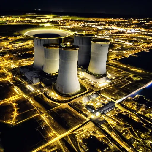 Prompt: photo of an upsidedown nuclear power plant at night birds eye view inception cinematic