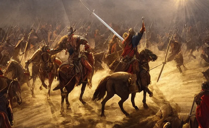 Image similar to dramatic cinematic artwork of a medieval commander leading a cavalry charge with his sword raised by greg rutowski, sun rays