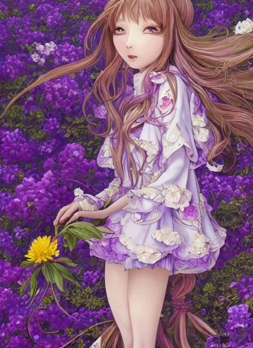 Image similar to elf girl wearing an flower suit, soft hair. light color palate, purple, yellow and white. detailed soft painting, ayami kojima, made in abyss, anatomically correct, ilya kuvshinov, inspired in balthus, high detailed face anime, vogue magazine, glorious composition, mobile wallpaper, trending on pixiv
