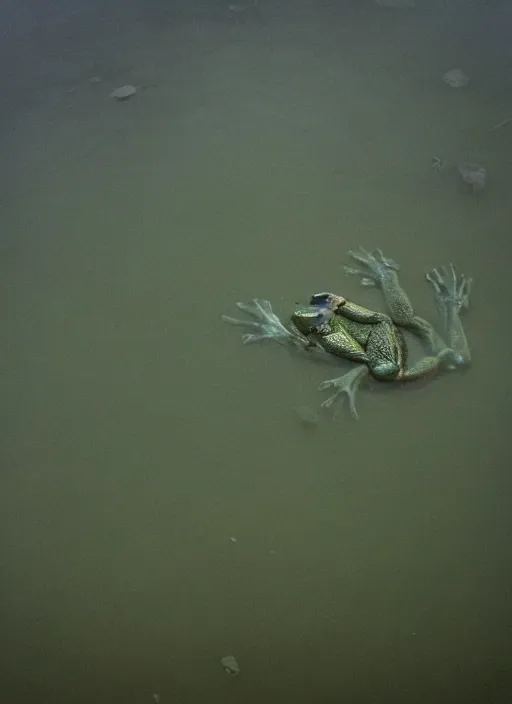 Image similar to semitranslucent smiling frog amphibian floating upside down over misty lake in Jesus Christ pose, cinematic shot by Andrei Tarkovsky, paranormal, spiritual, mystical