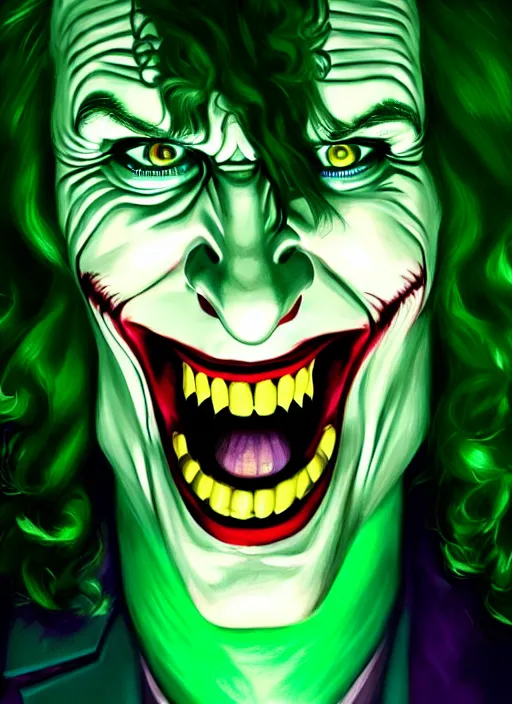 Image similar to portrait of tommy wiseau as the joker, green hair, intricate, elegant, glowing lights, highly detailed, digital painting, artstation, concept art, sharp focus, illustration, art by wlop, mars ravelo and greg rutkowski