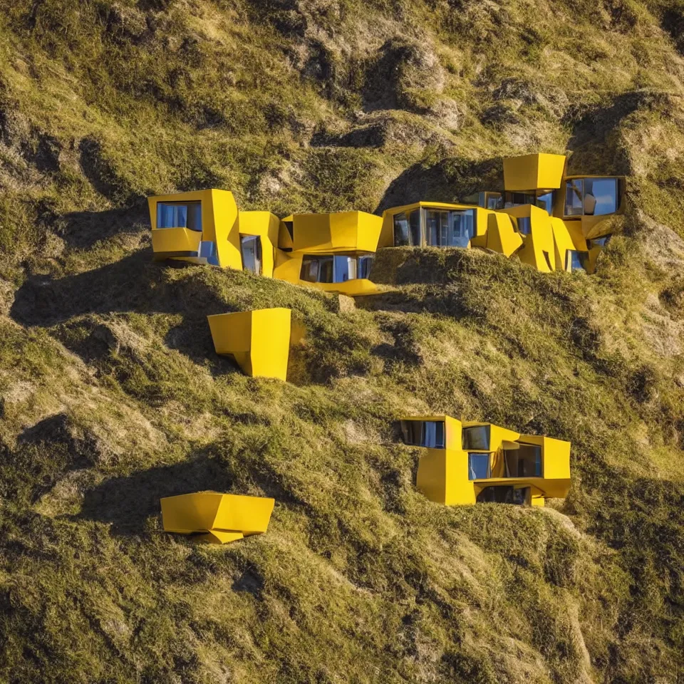 Image similar to a tiny flat horizontal house on a cliff, designed by Frank Gehry. Big tiles. Small wooden pathway . Film grain, cinematic, yellow hue