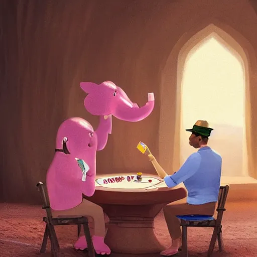 Prompt: a pink elephant playing poker at the sahara desert, concept art, masterpiece art.