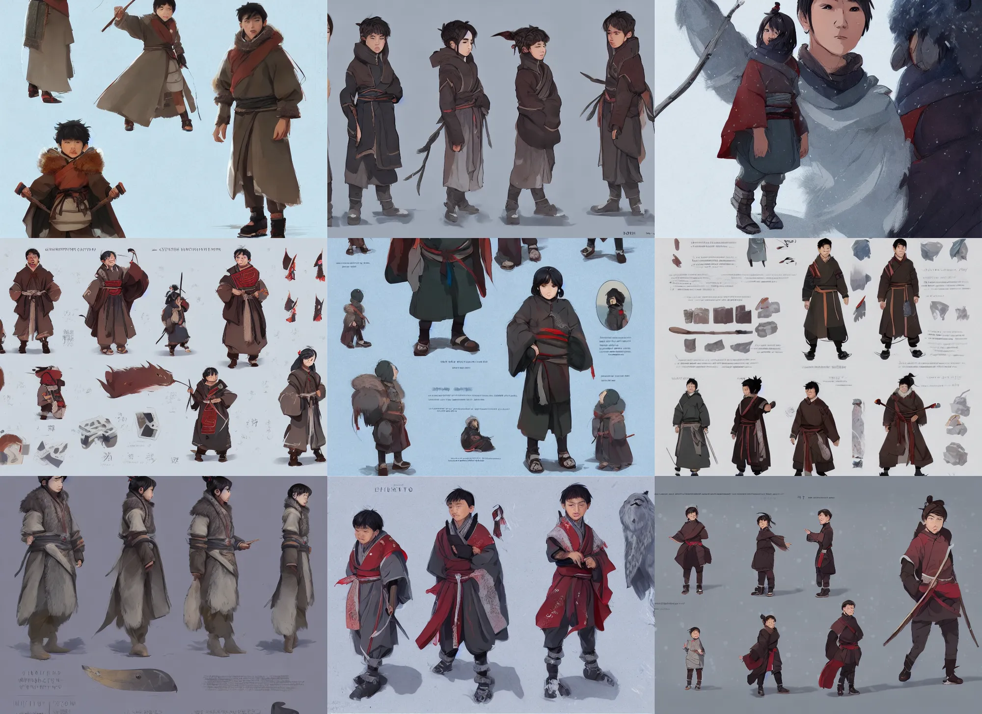 Prompt: character sheet for a cute wuxia style inuit boy, winter clothes has complex pattern, dynamic color, for genshin impact by greg rutkowski, by studio ghibli, digital art, trending on artstation, hd, 8 k, highly detailed, good lighting, beautiful, masterpiece