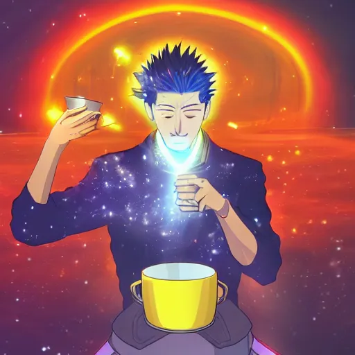 Image similar to A man drinking a cup of cosmic energy bright light by Masafumi Harada, 4k, digital art, surreal, anime style, space dandy style, highly detailed, godsend, artstation