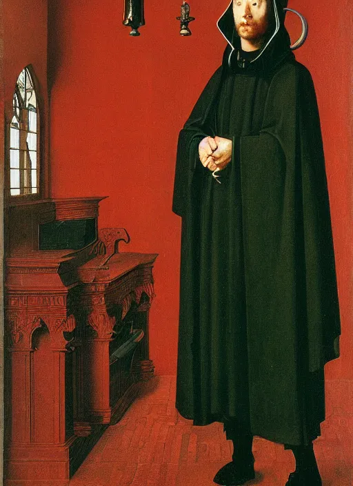 Prompt: a cyberpunk priest by Jan van Eyck