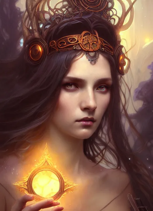 Image similar to a beautiful cinematic female druid goddess, galatic shamen with Quantum energy fantasy, fantasy magic, undercut hairstyle, dark light night, intricate, elegant, sharp focus, illustration, highly detailed, digital painting, concept art, matte, art by WLOP and Artgerm and Greg Rutkowski and Alphonse Mucha, masterpiece