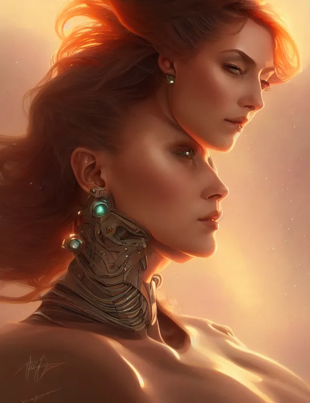 Image similar to futuristic woman portrait, sci-fi, amber eyes, face, long hair, fantasy, intricate, elegant, highly detailed, digital painting, artstation, concept art, smooth, sharp focus, illustration, art by artgerm and greg rutkowski and alphonse mucha