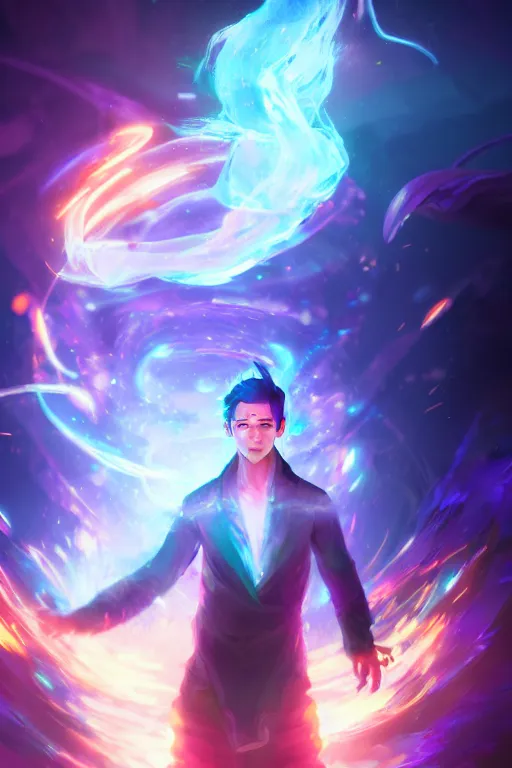 Image similar to a human elemental sorcerer, blurred environment background, colorful magic effects, white skin, portrait, male, sharp focus, digital art, concept art, dynamic lighting, by emylie boivin and rossdraws