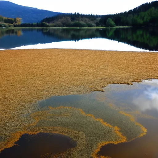 Image similar to lake with water like yellowed parchment and stepped on by a muddy frost giant