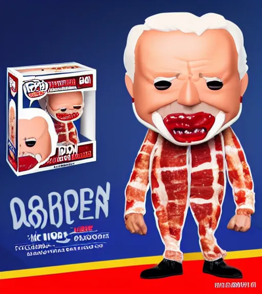 Image similar to funko pop character of joe biden in a bacon suit.