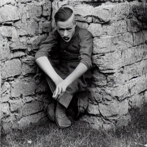 Image similar to Photograph of an utterly terrified young man on the verge of panic tears in 1930s attire with long hair cornered against a stone wall. He looks utterly panicked and distressed.