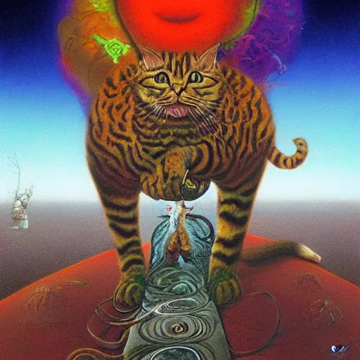 Image similar to a cat having an ego trip under lsd, by alex grey, by Esao Andrews and Karol Bak and Zdzislaw Beksinski and Zdzisław Beksiński, trending on ArtStation