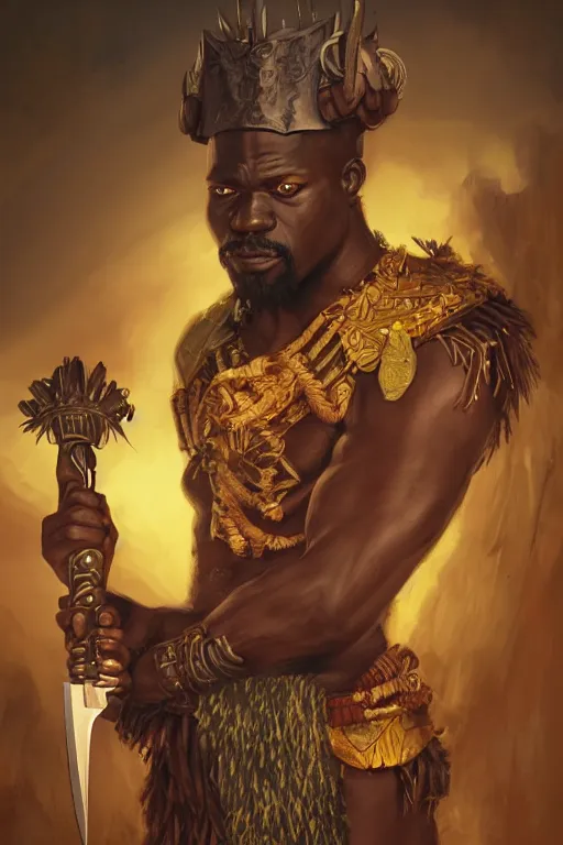 Prompt: ogun and his knives, African warrior deity, ancestral hunter God, masculine and menacing, cinematic mid portrait , digital illustration, octane render trending on arstation by artgerm, raphaelite and mucha