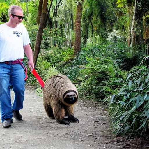 Prompt: a photo of a man walking his sloth on a leash