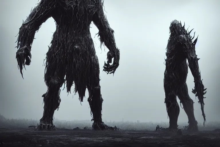 Image similar to a tall humongous angry monster made of flesh and bones, standing faraway in the far distance, elden ring boss, realism, photo realistic, high quality, misty, hazy, ambient lighting, cinematic lighting, studio quality, scary