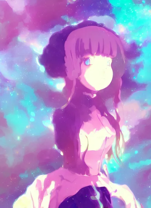 Prompt: portrait of a very cute girl blowing a vape cloud of psychedelic galaxies, illustration concept art anime key visual, very trippy and abstract, trending pixiv fanbox by wlop and greg rutkowski and makoto shinkai and studio ghibli and kyoto animation