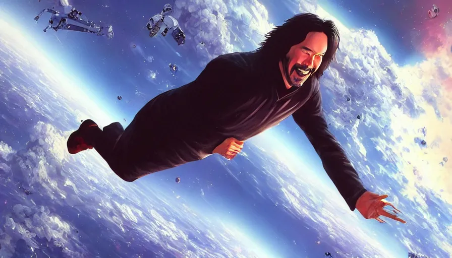 Prompt: a terrified looking Keanu reeves floating in space with a big smile, digital art, artstation, artgem