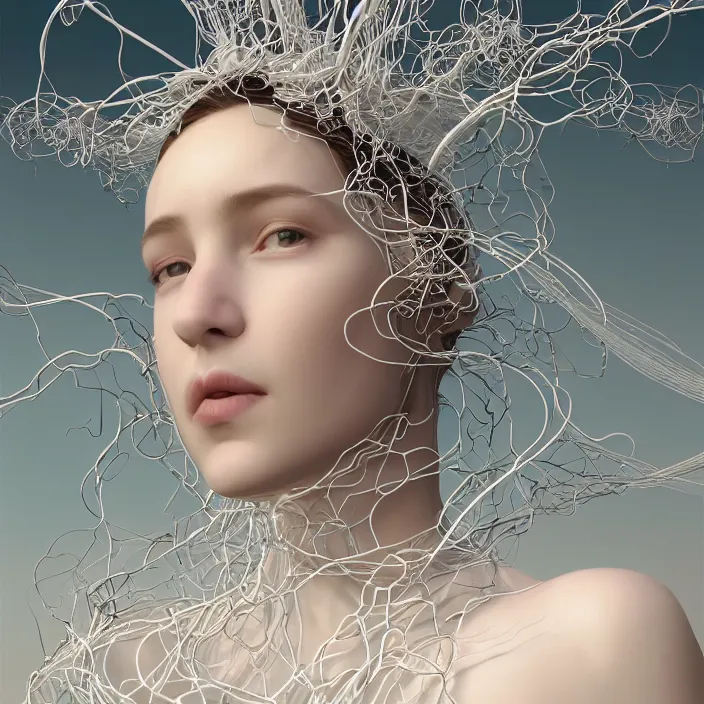 Image similar to hyperrealist portrait of a symmetrical queen 2 0 4 4 space sport engineer, it is decorated with long white wires and white flowers that fall like vines and wears a huge computer crown by roberto ferri, fantasy art, photo realistic, dynamic lighting, unreal engine rendered, artstation, poster, dramatic light, very detailed faces, - 8 k, award winning