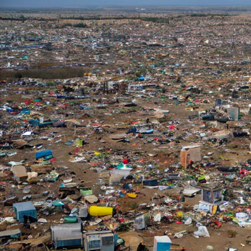 Prompt: vast panoramic view from building height of a landscape full of junkyards, garbage heaps and recycled electronic gear all covered in a thin layer of transparent strawberry jelly
