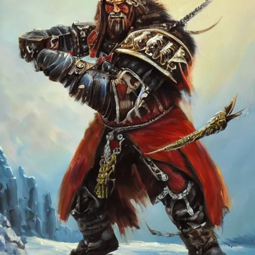 Image similar to a russian warrior who is wearing iron gauntlets in the shape of bear claws in the style of warhammer fantasy : : head and shoulders oil painting