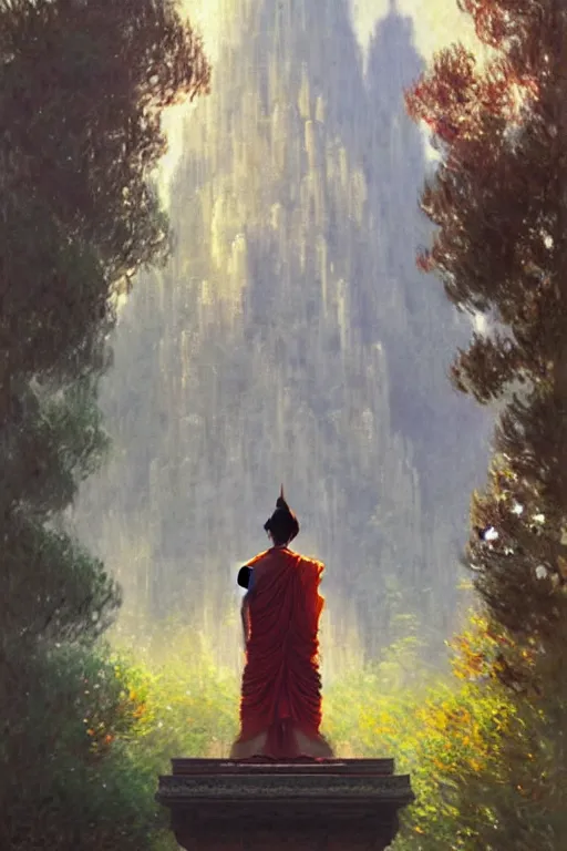 Image similar to temple. buddhism, impressionnisme, painting by greg rutkowski, artgerm, claude monet