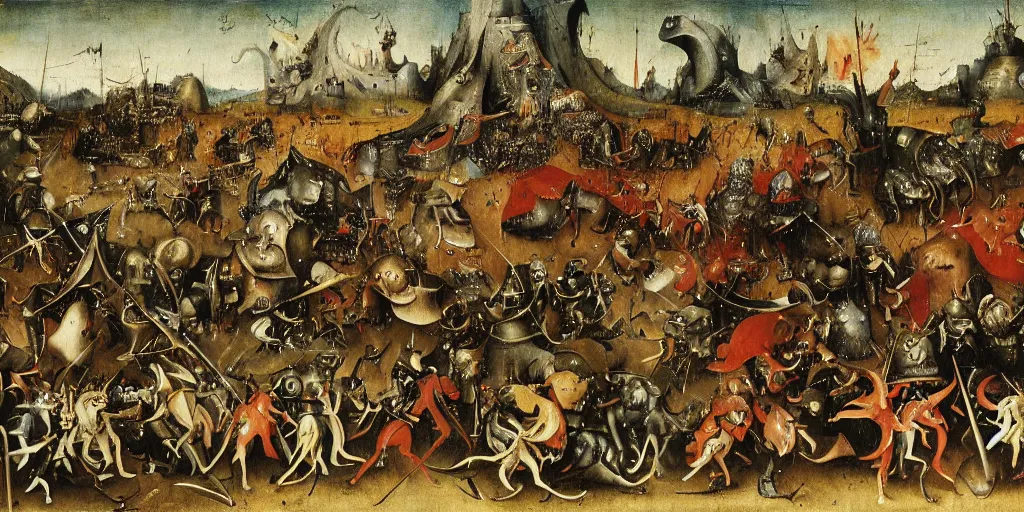 Image similar to a fantasy monster fighting an army of knights as drawn by hieronymus bosch, oil painting, highly detailed