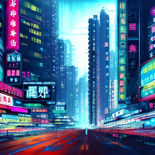 Image similar to a realistic painting of cyberpunk hong kong, many huge signs, ultra hd wallpaper, 4 k