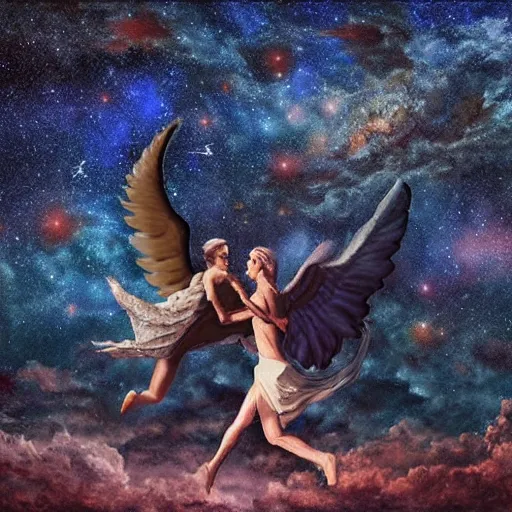 Image similar to Demon and angel waltz under the starry sky, photorealism