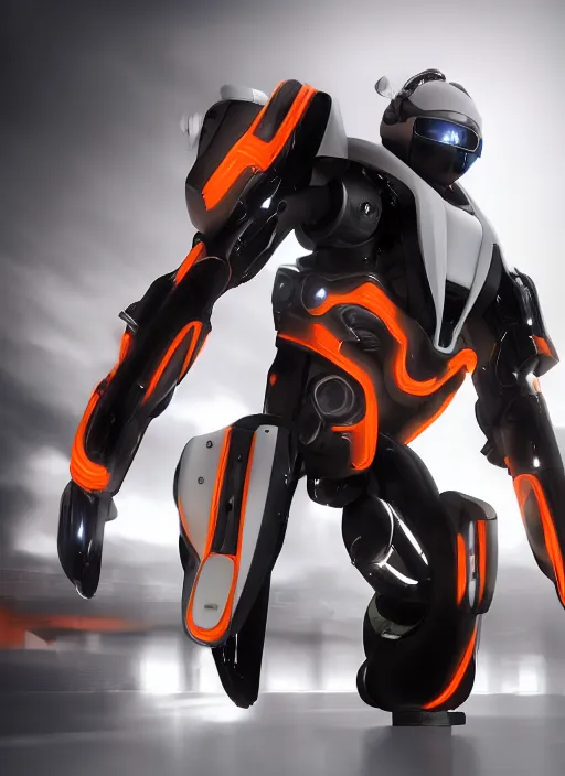 Image similar to a Photorealistic dramatic hyperrealistic full frame render of a Sleek futuristic exosuit Freedom Formula Racing Mech,Ultra realistic details,glossy white metal,Orange racing stripes,weathered surfaces,by Hidetaka Tenjin,Yoh Yoshinori,Yoji Shinkawa,Masamune Shirow,Beautiful dramatic dark moody tones and lighting,cinematic atmosphere,studio lighting,shadows,dark background, Octane render,8K