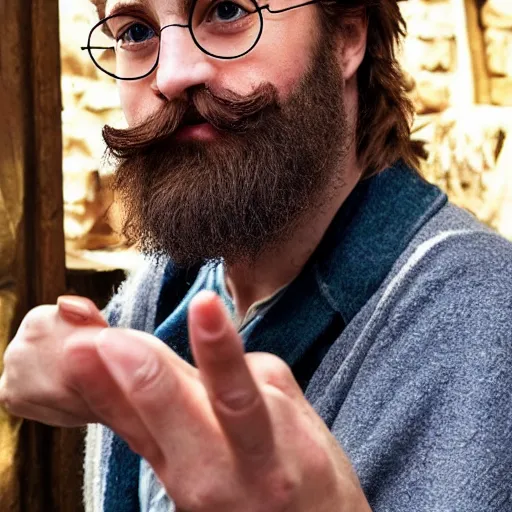 Prompt: harry potter with long beards and beautiful mustache, beard balm in his hand