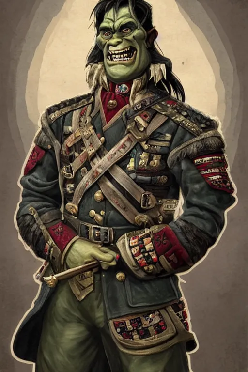 Image similar to 1 9 th century style portrait of a half orc with a bemused fanged smile on his face. dressed in a patchwork military uniform jacket with cut sleeves, runic arm tattoos, sharp focus, illustration, digital painting, art by magali villeneuve