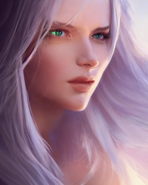 Image similar to a beautiful female cleric, ethereal, dreamy, backlit, silky white hair, realistic face, realistic lighting, sharp focus, hair in the wind, rule of thirds, by artgerm, wlop, rossdraws, frank frazetta, andrei riabovitchev, trending on artstation, hd, 4 k, fantasy