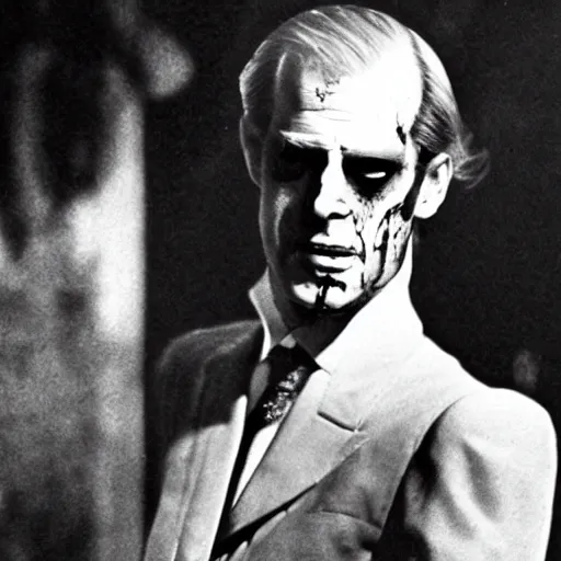 Image similar to zombie prince philip, shot from 1970s horror film