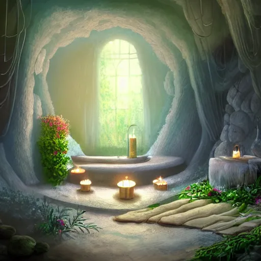 Prompt: cozy bathhouse hidden in a cave, candlelight, towels, cushions, natural light, lush plants and flowers, elegant, intricate, fantasy, atmospheric lighting, digital painting, concept art