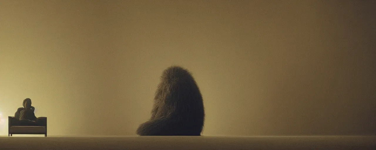 Prompt: a strange creature sits in the living room, film still from the movie directed by Denis Villeneuve with art direction by Zdzisław Beksiński, close up, telephoto lens, shallow depth of field