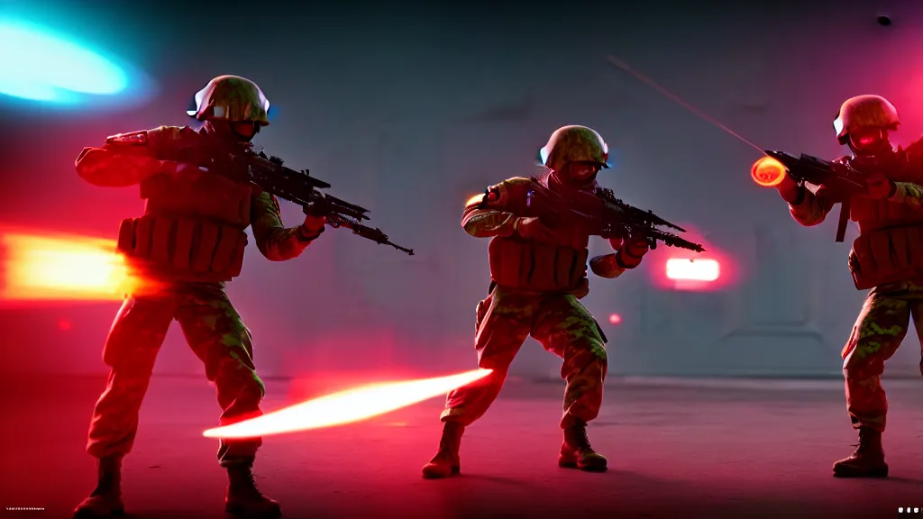 Prompt: two futuristic soldiers firing away from the camera, eye catching composition, realistic, arachnophobia, unreal engine 5, global illumination, detailed environment, bright colours, cinematic, atmosphere, 4 k