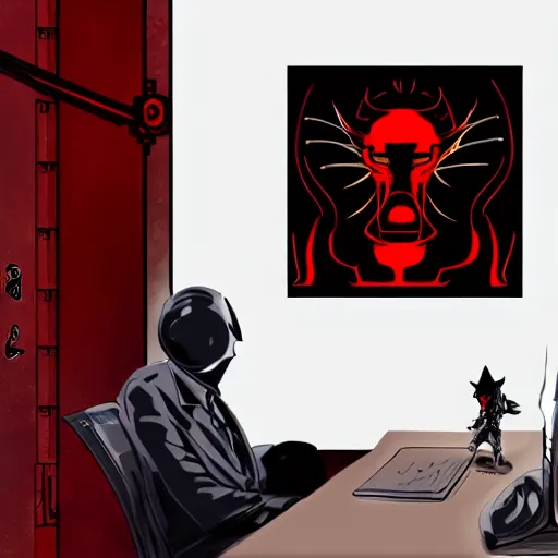 Image similar to dark lord sitting at desk, 3 / 4 view, portrait, ghibli, red demon cyberpunk symbols